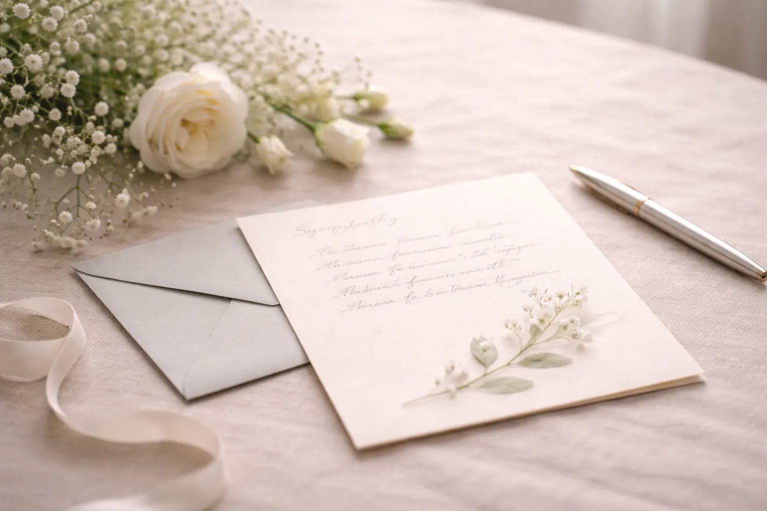 Simple sympathy card with soft flowers and a handwritten message beside it