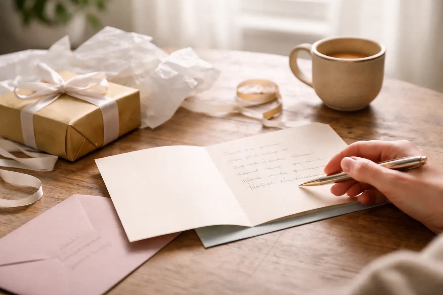Printed birthday card beside an envelope, ribbon, and a handwritten note