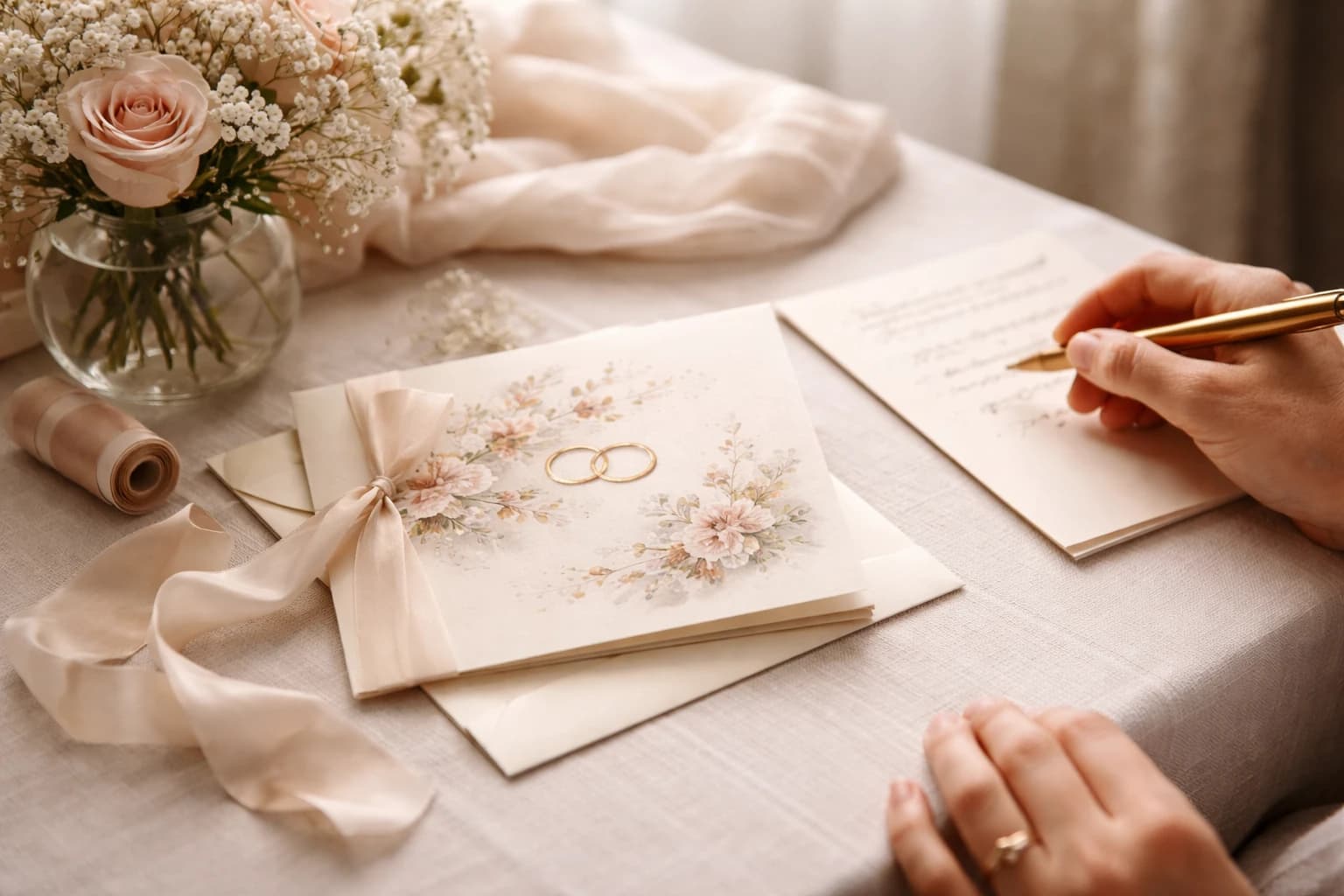 Elegant wedding card beside an envelope, ribbon, and handwritten note on a table